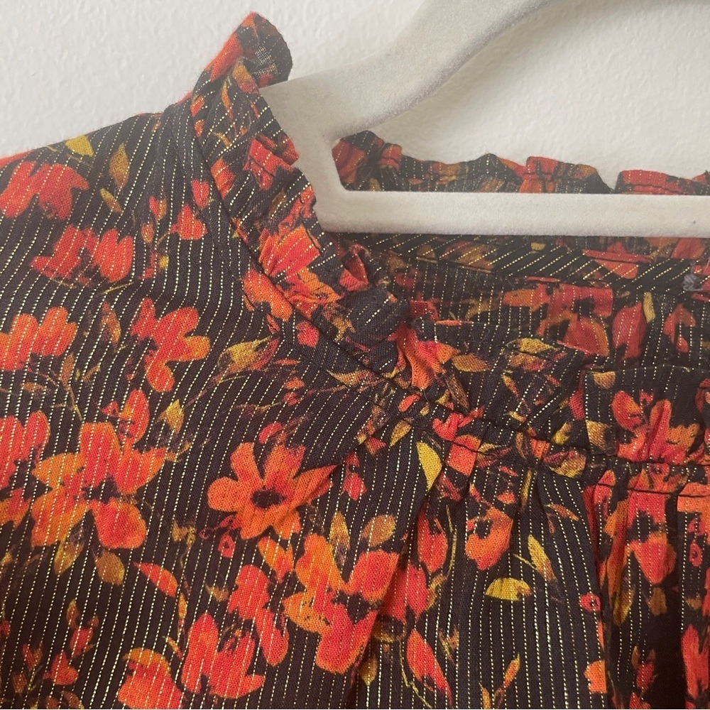Gap Blouse Womens Medium Dark Floral Metallic Ruffle Neck Whimsigoth - Picture 6 of 12